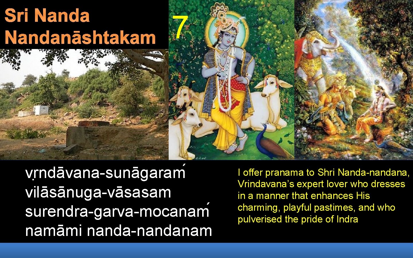 Sri Nandanāshtakam 7 vr ndāvana-sunāgaram vilāsānuga-vāsasam surendra-garva-mocanam namāmi nanda-nandanam I offer pranama to Shri