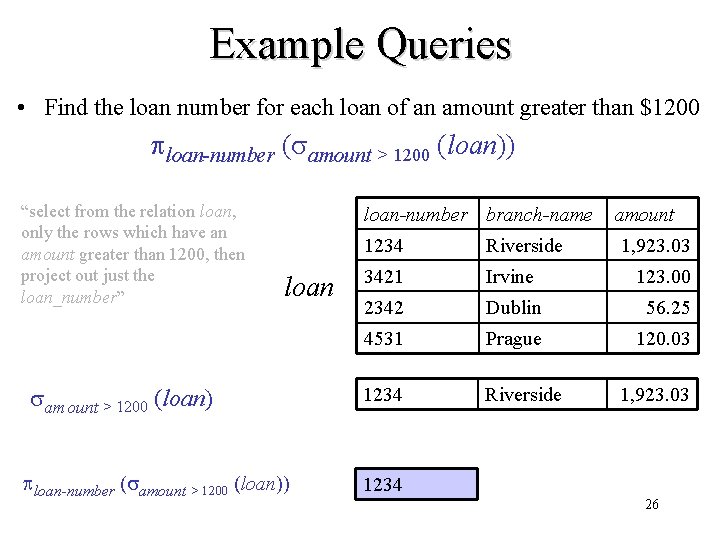 Example Queries • Find the loan number for each loan of an amount greater