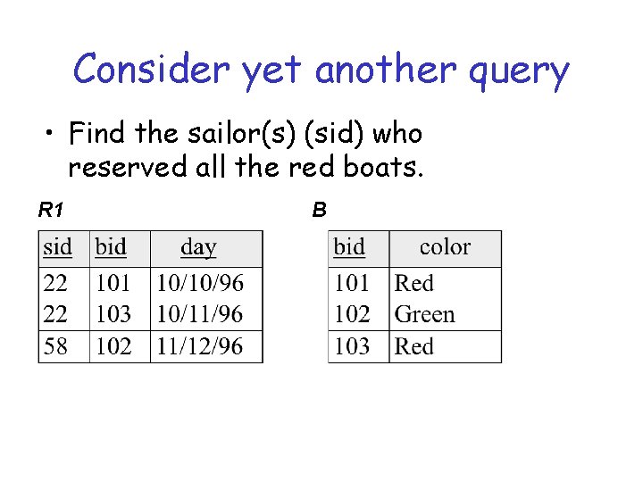 Consider yet another query • Find the sailor(s) (sid) who reserved all the red Consider yet another query • Find the sailor(s) (sid) who reserved all the red