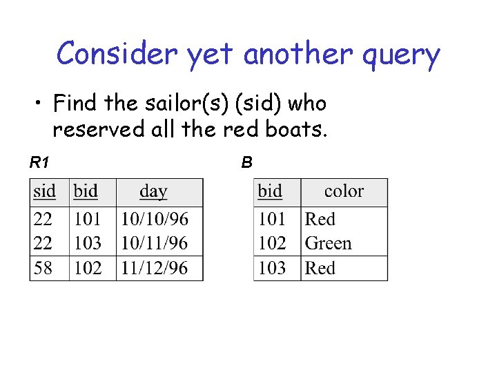 Consider yet another query • Find the sailor(s) (sid) who reserved all the red