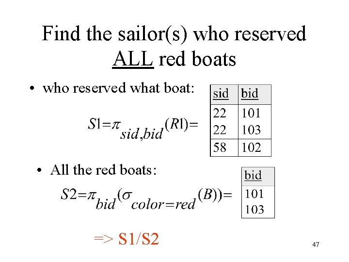 Find the sailor(s) who reserved ALL red boats • who reserved what boat: •
