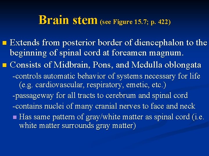 Brain stem (see Figure 15. 7; p. 422) Extends from posterior border of diencephalon