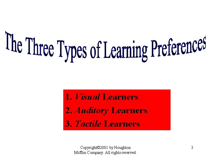 1. Visual Learners 2. Auditory Learners 3. Tactile Learners Copyright© 2001 by Houghton Mifflin