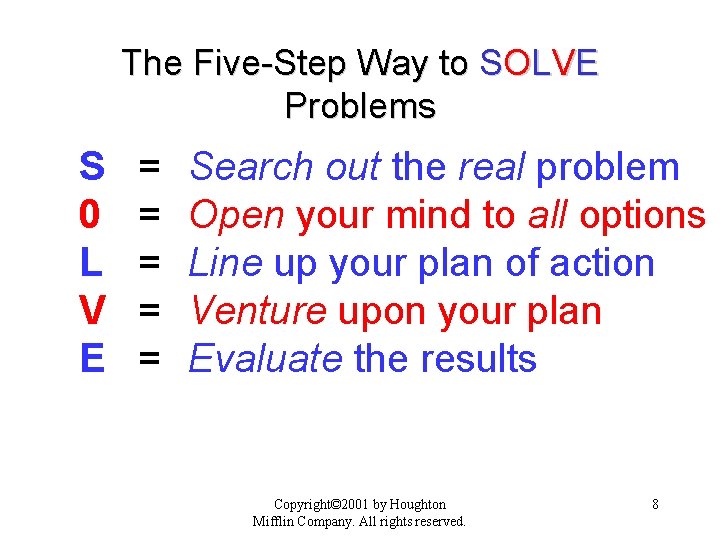 The Five-Step Way to SOLVE Problems S 0 L V E = = =