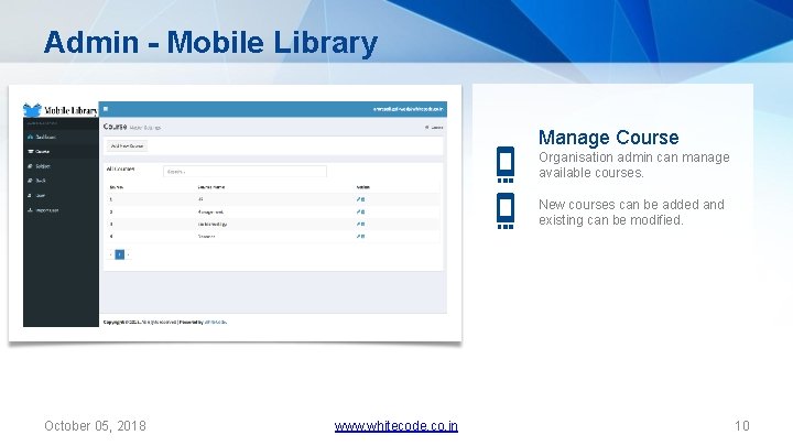 Admin - Mobile Library Manage Course Organisation admin can manage available courses. New courses