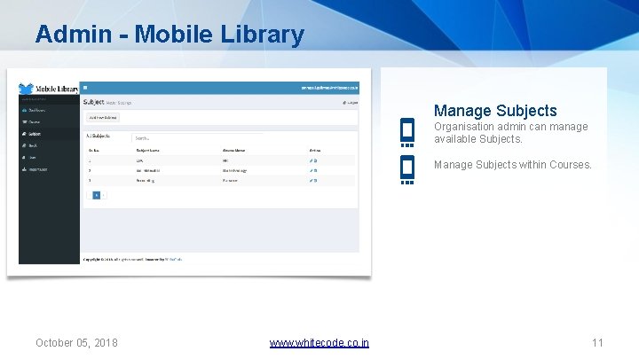 Admin - Mobile Library Manage Subjects Organisation admin can manage available Subjects. Manage Subjects