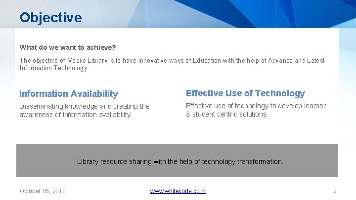 Objective What do we want to achieve? The objective of Mobile Library is to