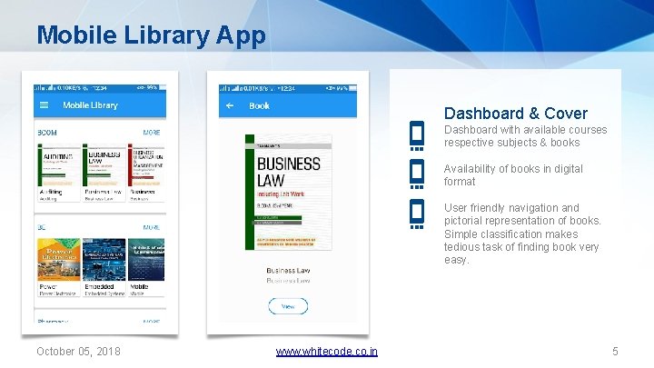 Mobile Library App Dashboard & Cover Dashboard with available courses respective subjects & books