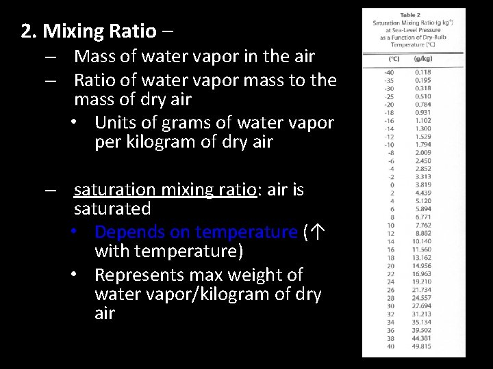 2. Mixing Ratio – – Mass of water vapor in the air – Ratio