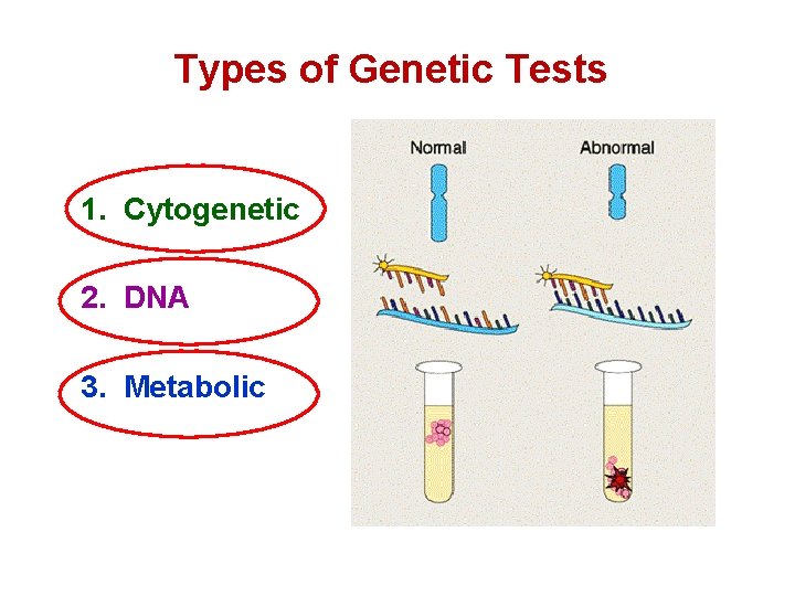 Types of Genetic Tests 1. Cytogenetic 2. DNA 3. Metabolic 