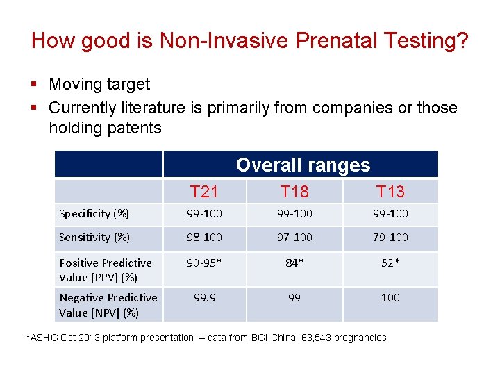 How good is Non-Invasive Prenatal Testing? § Moving target § Currently literature is primarily