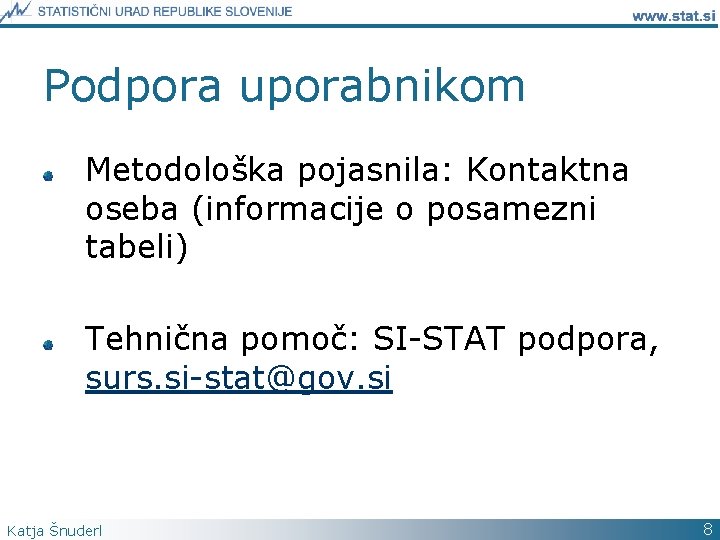 Podpora uporabnikom Metodološka pojasnila: Kontaktna oseba (informacije o posamezni tabeli) Tehnična pomoč: SI-STAT podpora,