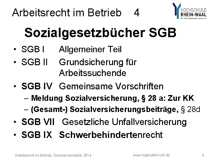 Arbeitsrecht im Betrieb 4 Sozialgesetzbücher SGB • SGB II Allgemeiner Teil Grundsicherung für Arbeitssuchende