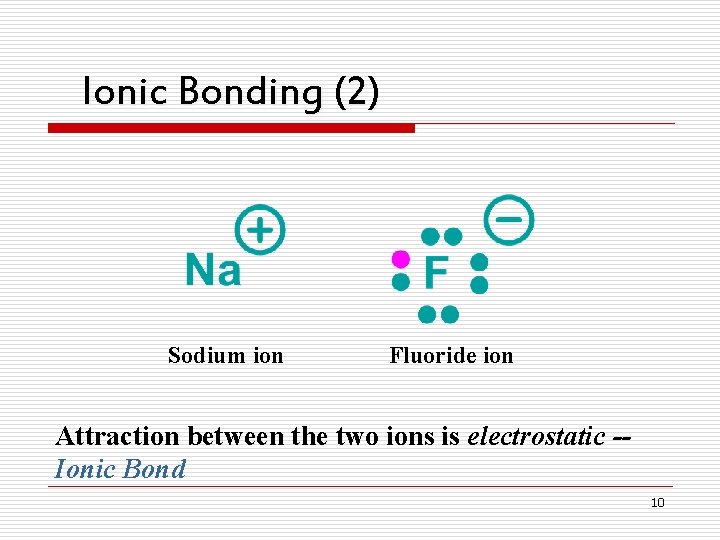 Ionic Bonding (2) Sodium ion Fluoride ion Attraction between the two ions is electrostatic
