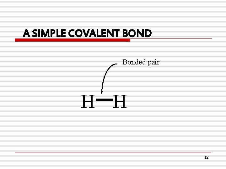 A SIMPLE COVALENT BOND Bonded pair H H 12 