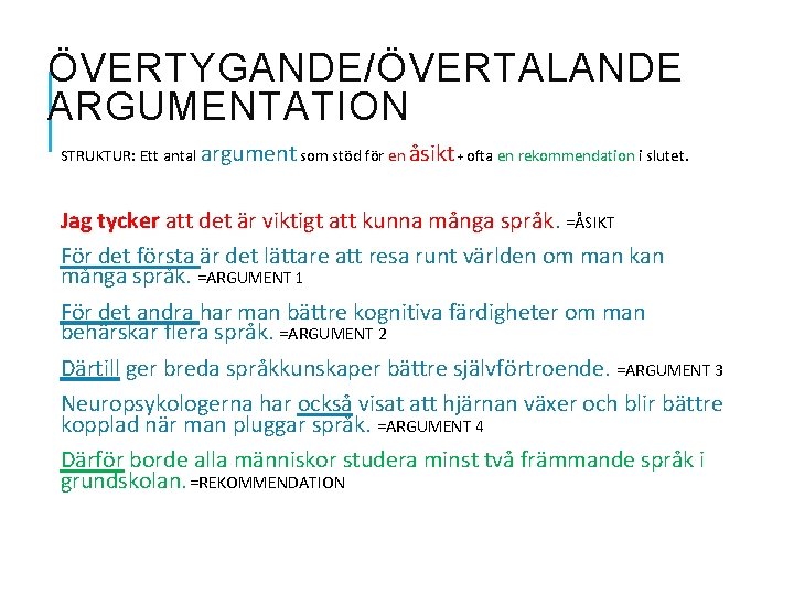 ÖVERTYGANDE/ÖVERTALANDE ARGUMENTATION STRUKTUR: Ett antal argument som stöd för en åsikt + ofta en