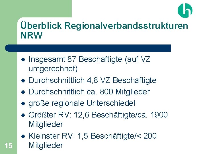 Überblick Regionalverbandsstrukturen NRW l l l 15 Insgesamt 87 Beschäftigte (auf VZ umgerechnet) Durchschnittlich