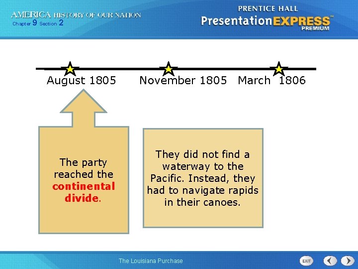 Chapter 9 Section 2 August 1805 The party reached the continental divide. November 1805