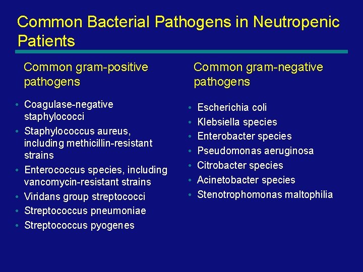 Common Bacterial Pathogens in Neutropenic Patients Common gram-negative pathogens Common gram-positive pathogens • Coagulase-negative