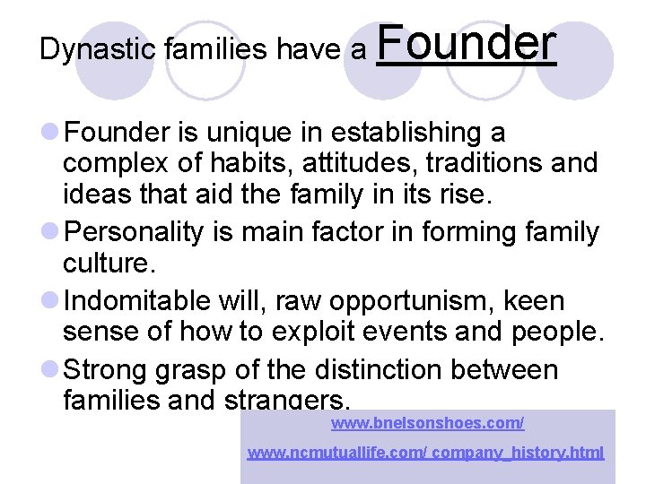 Dynastic families have a Founder l Founder is unique in establishing a complex of