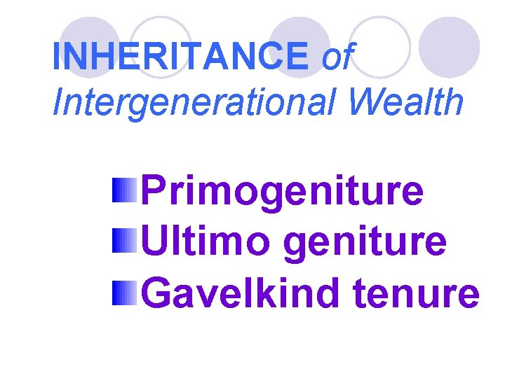 INHERITANCE of Intergenerational Wealth Primogeniture Ultimo geniture Gavelkind tenure 