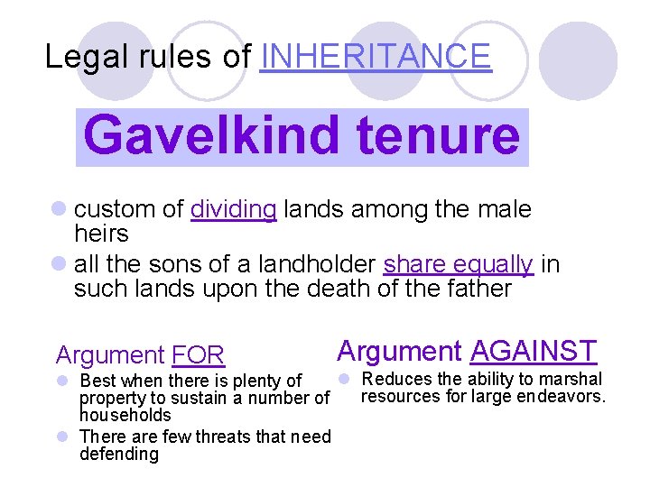 Legal rules of INHERITANCE Gavelkind tenure l custom of dividing lands among the male