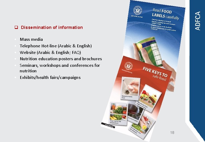 q Dissemination of information Mass media Telephone Hot-line (Arabic & English) Website (Arabic &