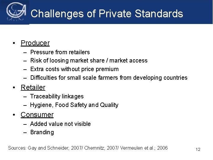 Challenges of Private Standards • Producer – – Pressure from retailers Risk of loosing