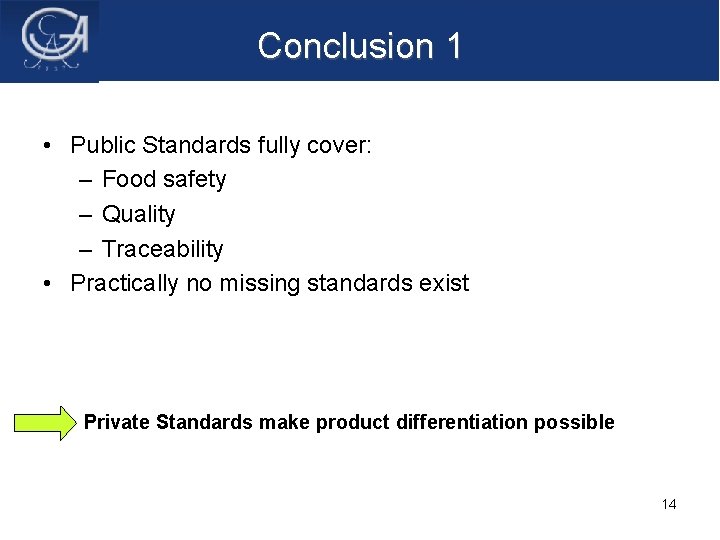 Conclusion 1 • Public Standards fully cover: – Food safety – Quality – Traceability