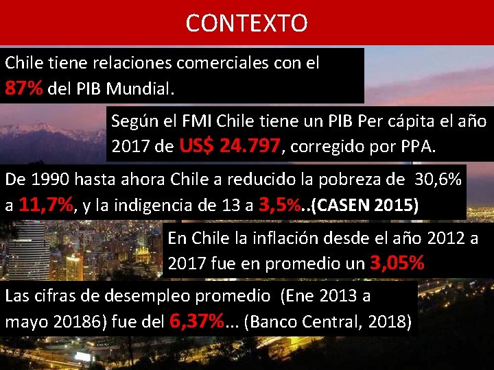 CONTEXTO Chile tiene relaciones comerciales con el 87% del PIB Mundial. Según el FMI