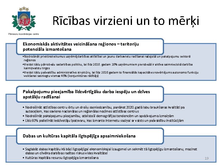 Rīcības virzieni un to mērķi Ekonomiskās aktivitātes veicināšana reģionos – teritoriju potenciāla izmantošana •