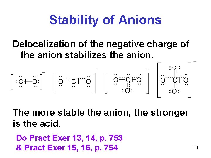 Stability of Anions Delocalization of the negative charge of the anion stabilizes the anion.