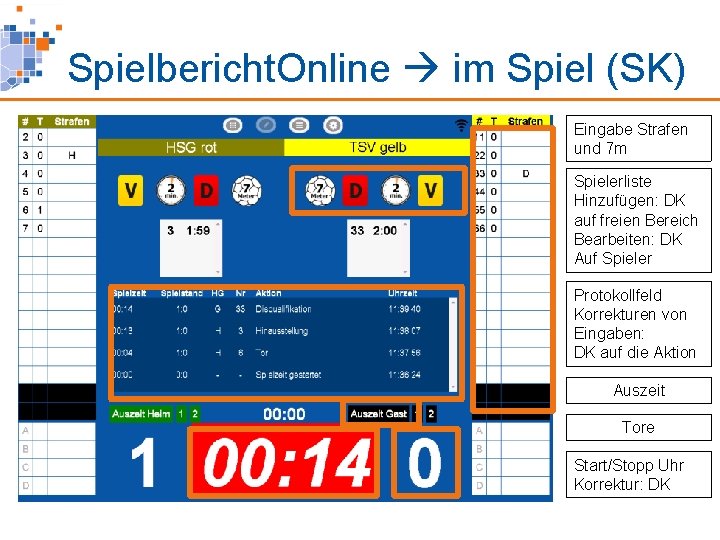 Spielbericht. Online im Spiel (SK) Eingabe Strafen und 7 m Spielerliste Hinzufügen: DK auf