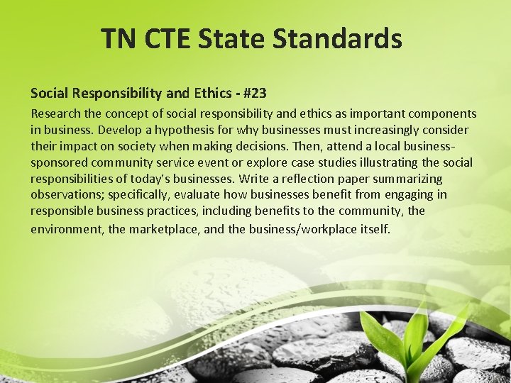 TN CTE State Standards Social Responsibility and Ethics - #23 Research the concept of