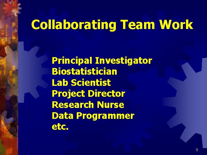 Collaborating Team Work Principal Investigator Biostatistician Lab Scientist Project Director Research Nurse Data Programmer