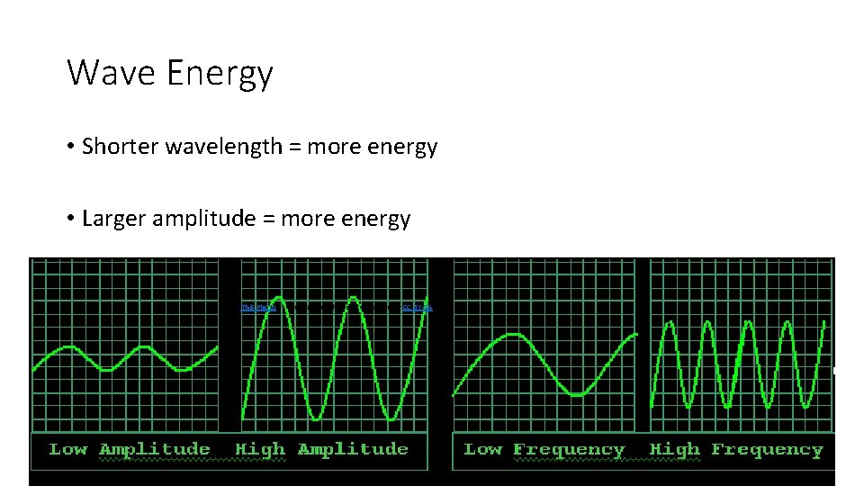 Wave Energy • Shorter wavelength = more energy • Larger amplitude = more energy