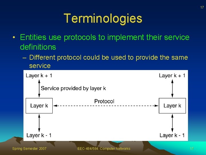 17 Terminologies • Entities use protocols to implement their service definitions – Different protocol