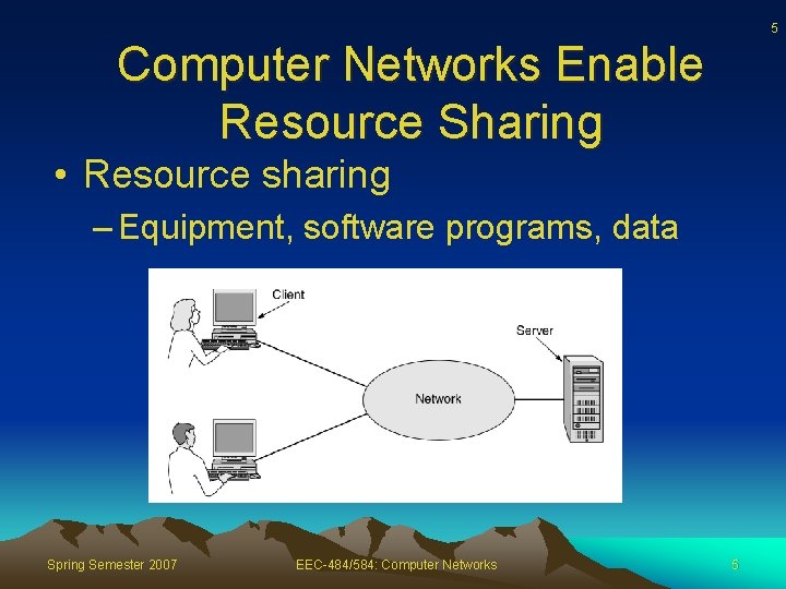 5 Computer Networks Enable Resource Sharing • Resource sharing – Equipment, software programs, data