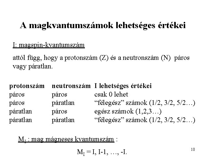 A magkvantumszámok lehetséges értékei I: magspin-kvantumszám attól függ, hogy a protonszám (Z) és a