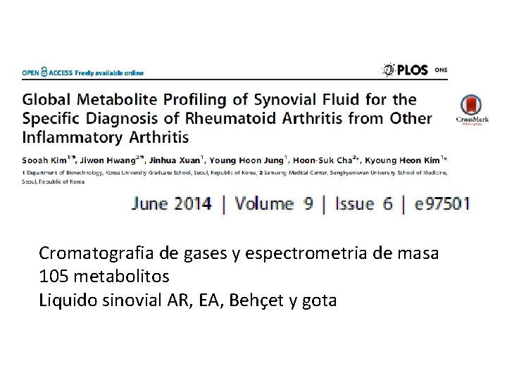 Cromatografia de gases y espectrometria de masa 105 metabolitos Liquido sinovial AR, EA, Behçet