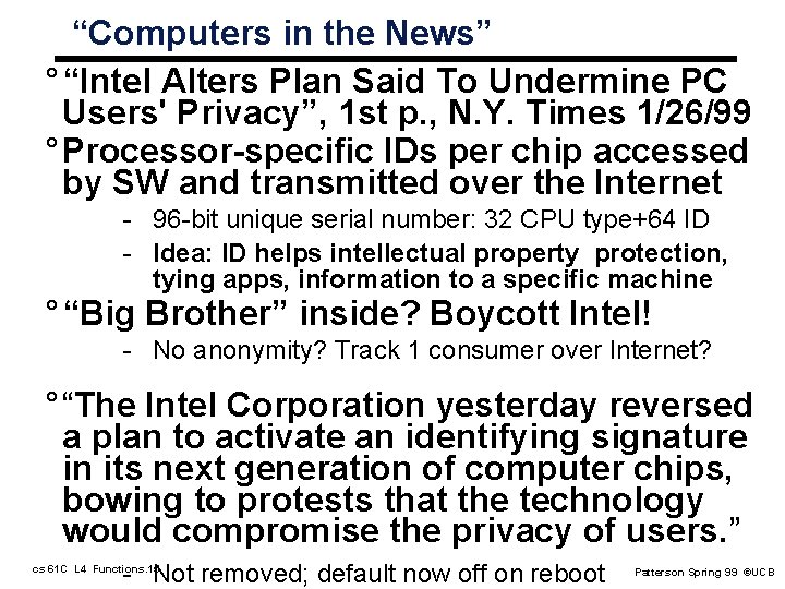 “Computers in the News” ° “Intel Alters Plan Said To Undermine PC Users' Privacy”, “Computers in the News” ° “Intel Alters Plan Said To Undermine PC Users' Privacy”,