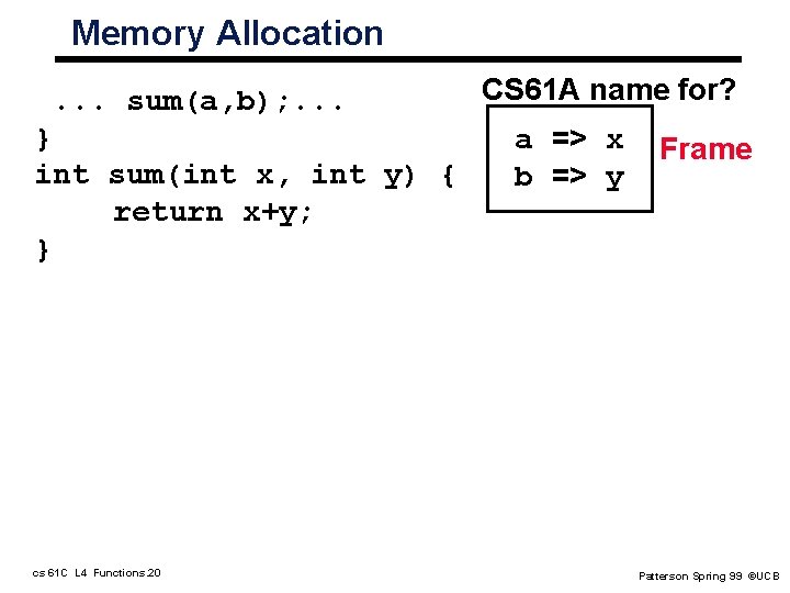 Memory Allocation. . . sum(a, b); . . . } int sum(int x, int Memory Allocation. . . sum(a, b); . . . } int sum(int x, int