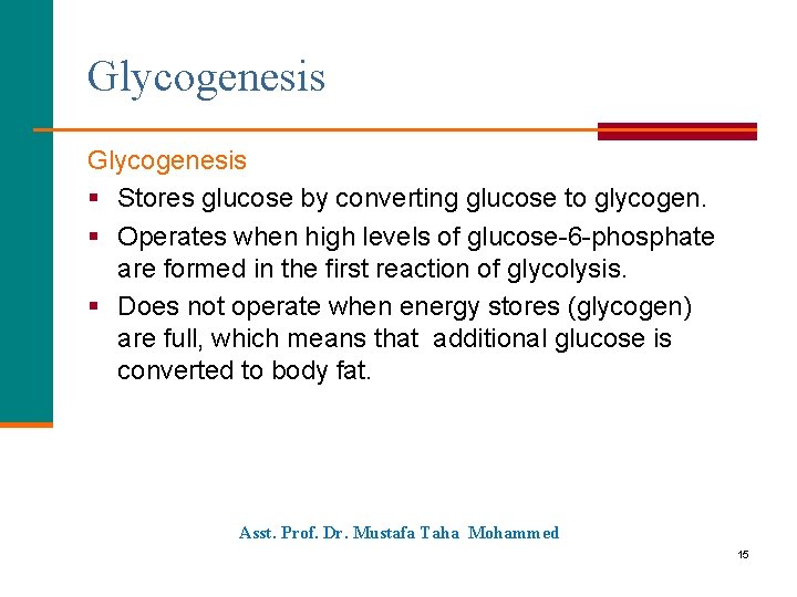 Glycogenesis § Stores glucose by converting glucose to glycogen. § Operates when high levels