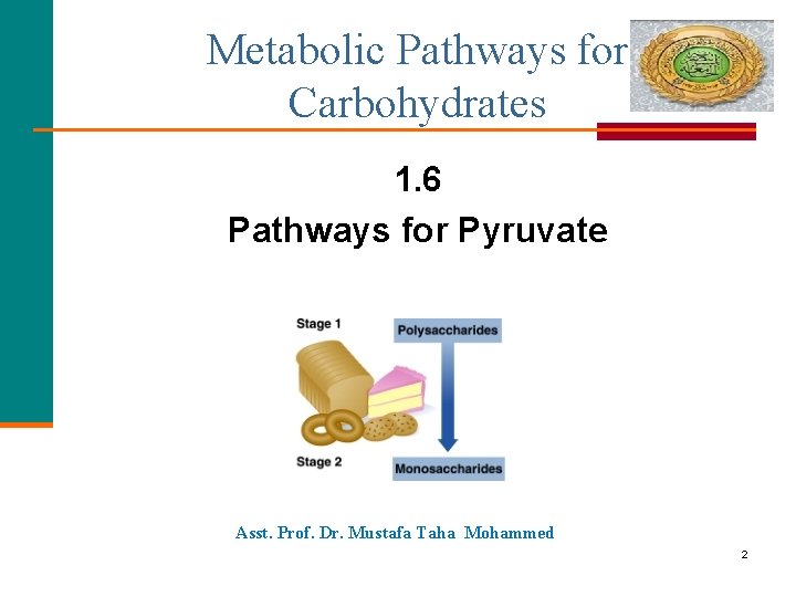 Metabolic Pathways for Carbohydrates 1. 6 Pathways for Pyruvate Asst. Prof. Dr. Mustafa Taha