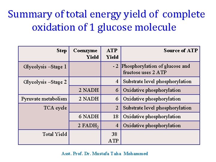 Summary of total energy yield of complete oxidation of 1 glucose molecule Step Coenzyme