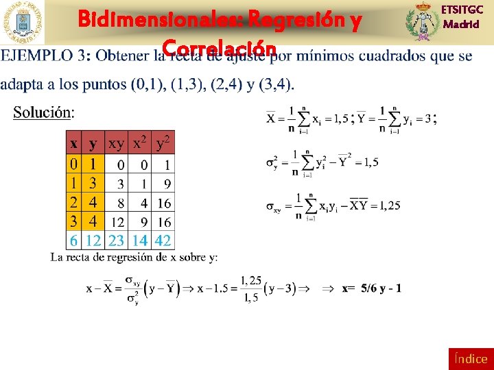 Bidimensionales: Regresión y Correlación ETSITGC Madrid Índice 