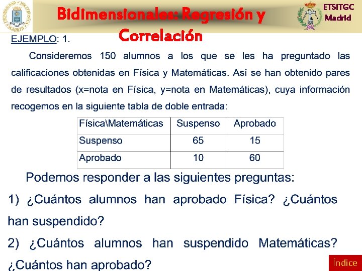 Bidimensionales: Regresión y Correlación ETSITGC Madrid Índice 