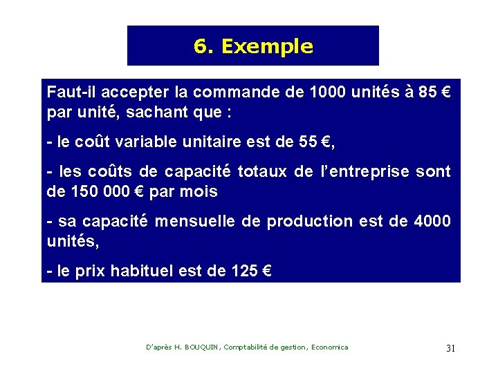 6. Exemple Faut-il accepter la commande de 1000 unités à 85 € par unité,