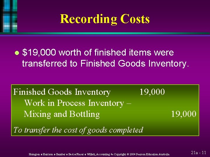 Recording Costs l $19, 000 worth of finished items were transferred to Finished Goods