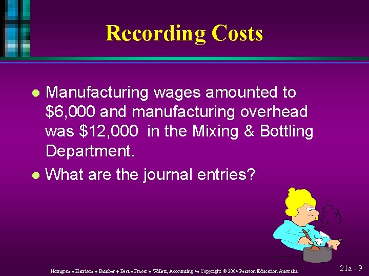 Recording Costs Manufacturing wages amounted to $6, 000 and manufacturing overhead was $12, 000